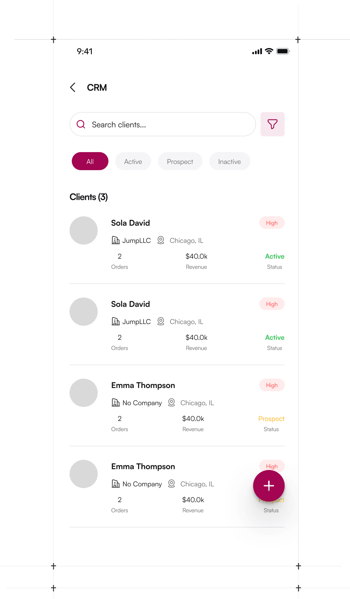 Thimblely CRM showing client profiles with order count, revenue, and status