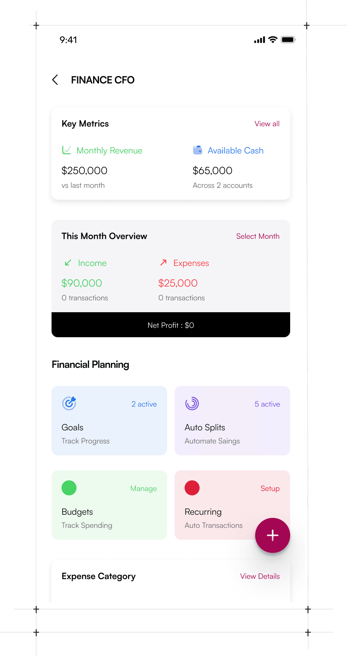 Thimblely finance dashboard showing revenue, expenses, profit, and financial planning tools