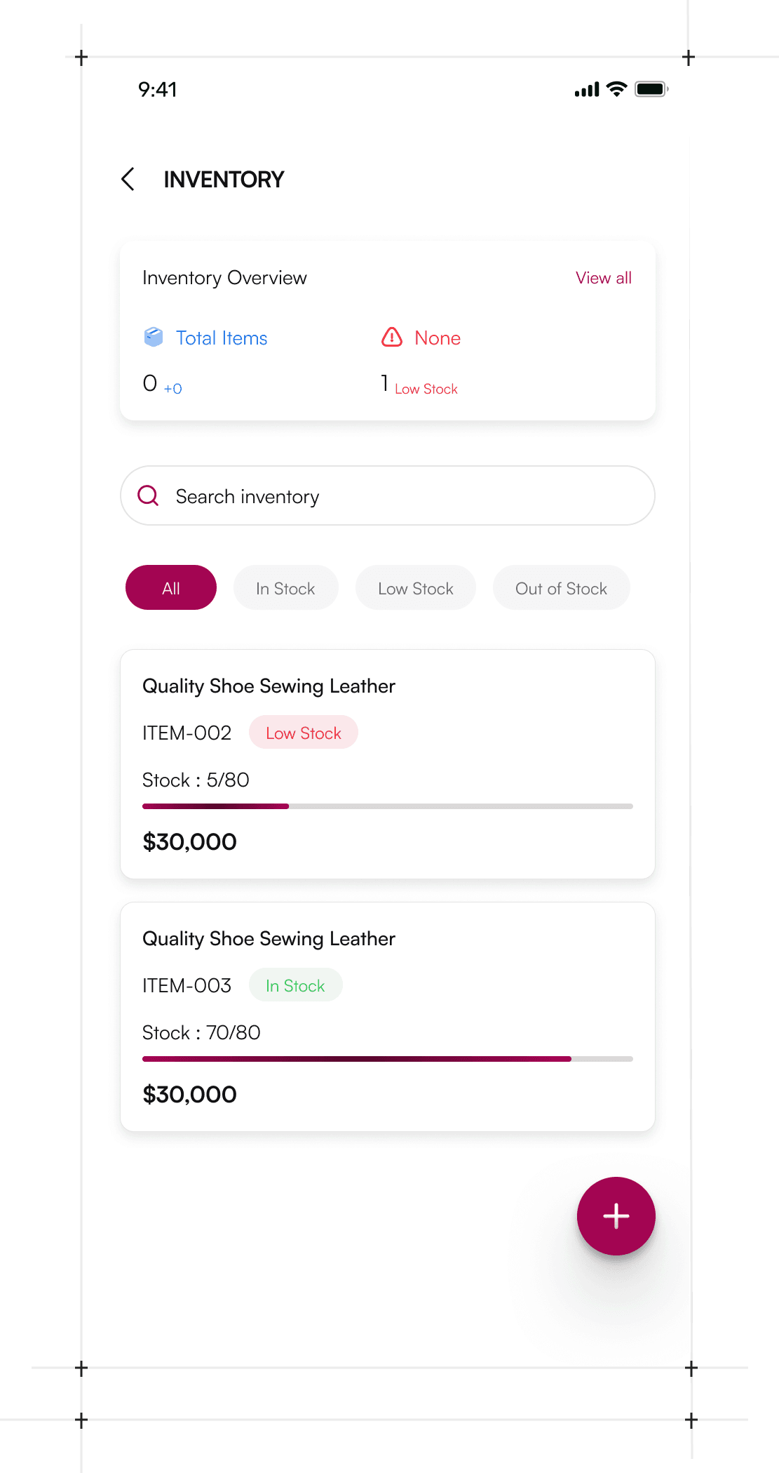 Thimblely inventory management showing fabric stock levels and pricing